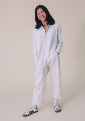 Women's Denim Jumpsuit sizes XS-3X. Women's Upcycled Denim Jumpsuit  Natural color sewn in America.