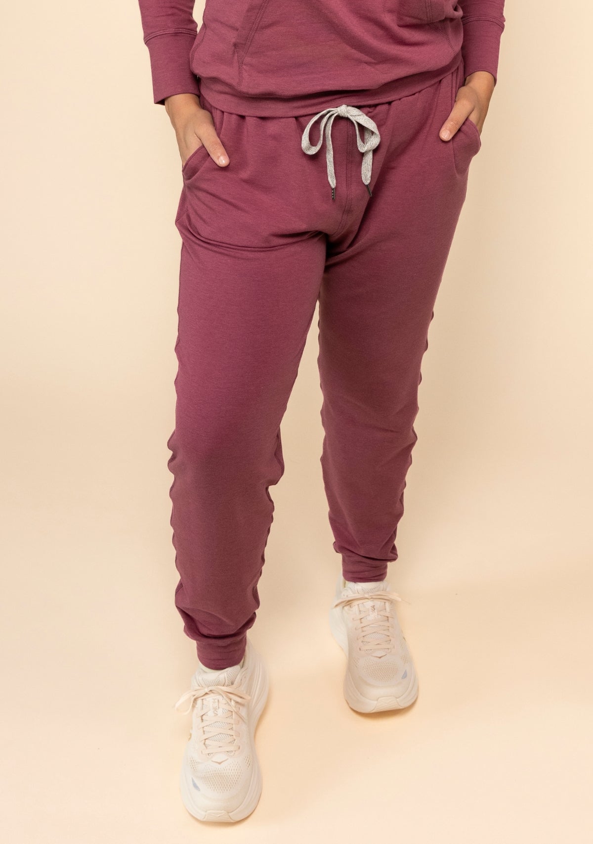 Burnt Rose Cozy Cuffed Joggers for women sizes XS-3X made in America from organic cotton french terry and tencel. 