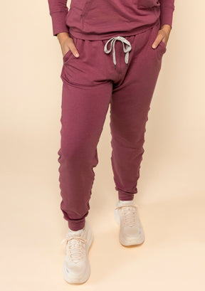 Burnt Rose Cozy Cuffed Joggers for women sizes XS-3X made in America from organic cotton french terry and tencel. 