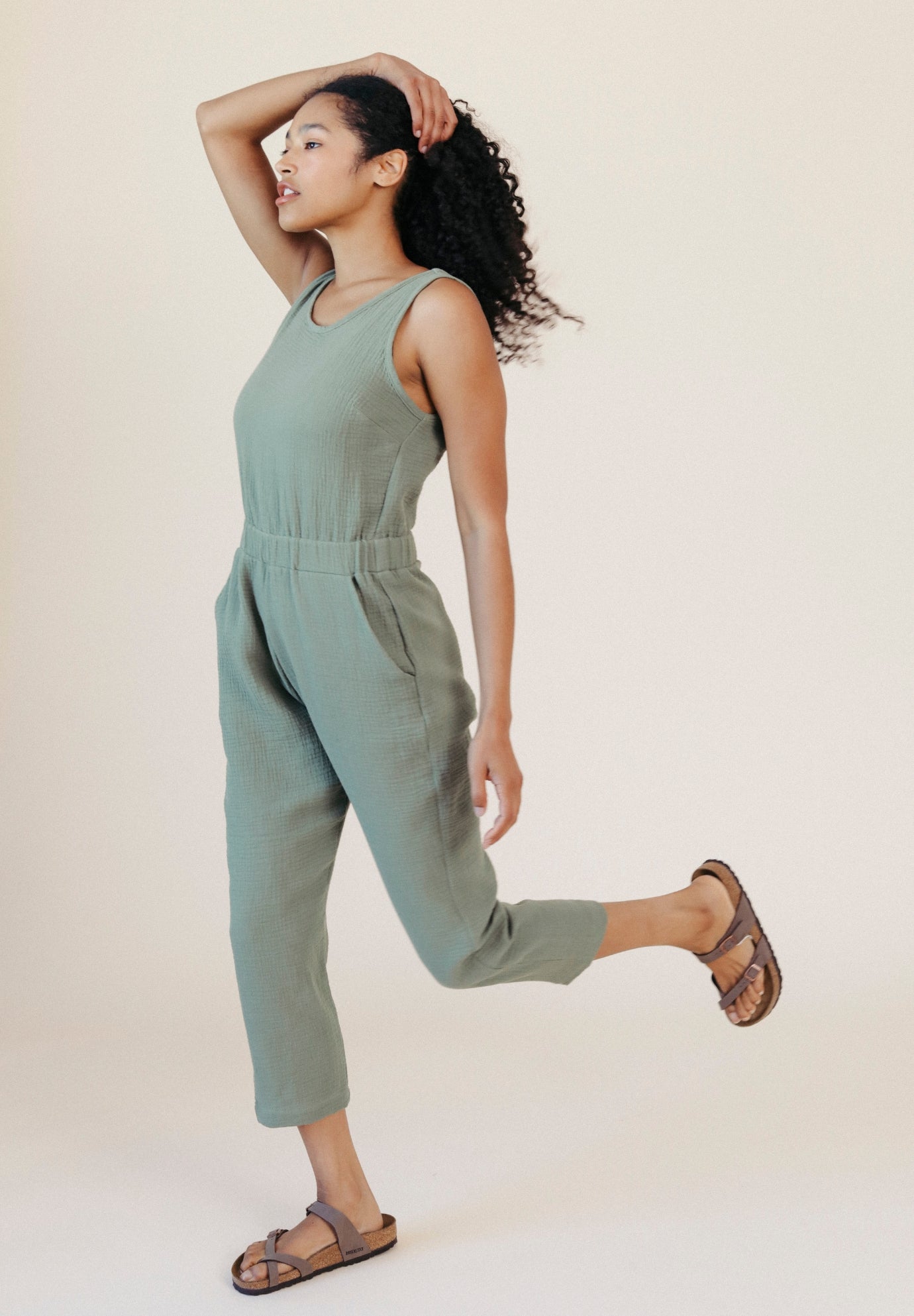Women's Organic Cotton Gauze Jumpsuit Sage Green size XS-3X made in the USA
