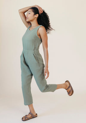 Women's Organic Cotton Gauze Jumpsuit Sage Green size XS-3X made in the USA
