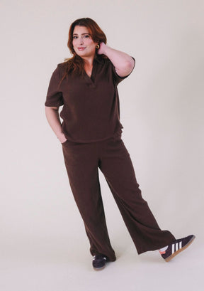 Poplinen x Simone Organic Cotton Gauze Long Wide Leg Pant in color chicory coffee. women's sizes XS-3X