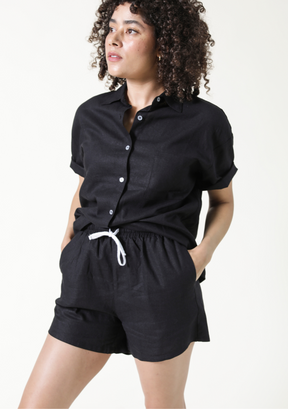 Women's cinched linen shorts with drawstring sizes XS-3X. Women's Linen Shirt and Shorts Set 