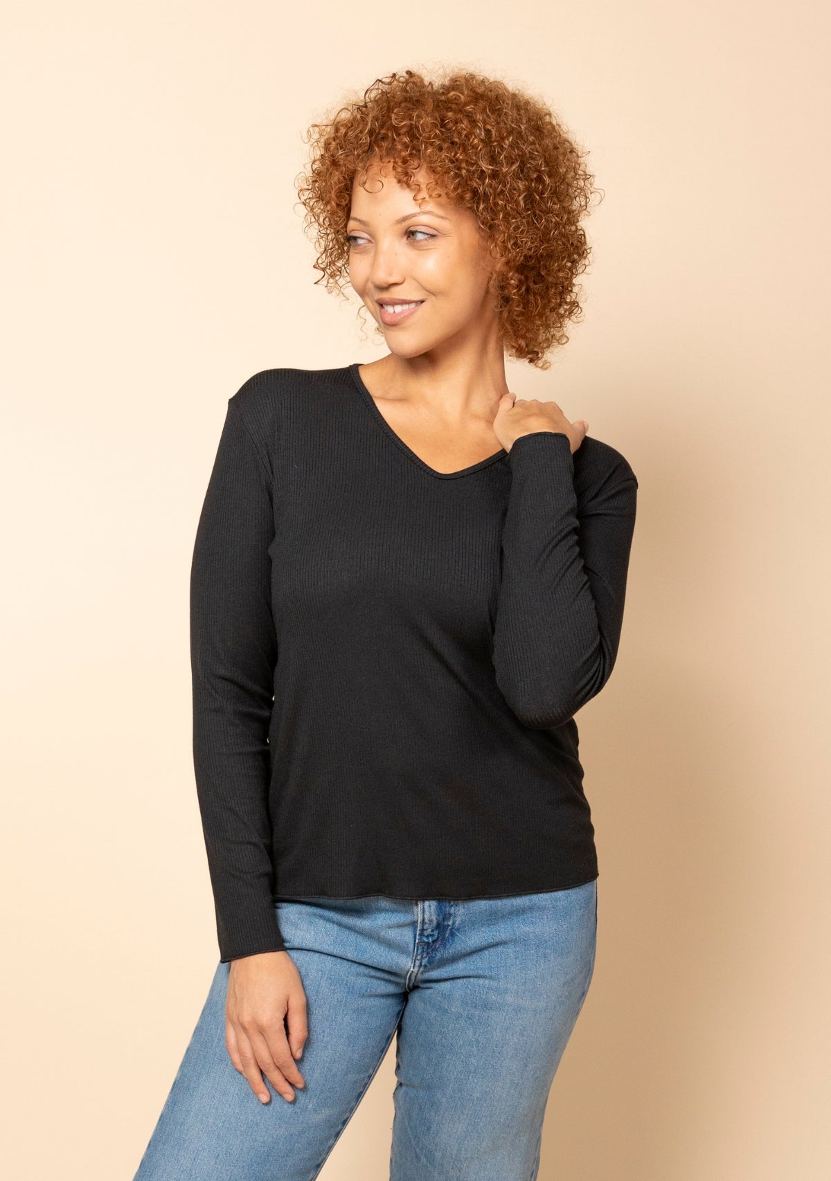Hedy Modal Ribbed V Neck Long Sleeve Tee in Black, front view.