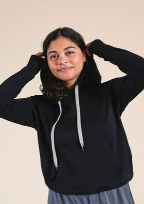 Women's Modal Black Hoodie with drawstrings sizes XS-3X eco-friendly made in the USA