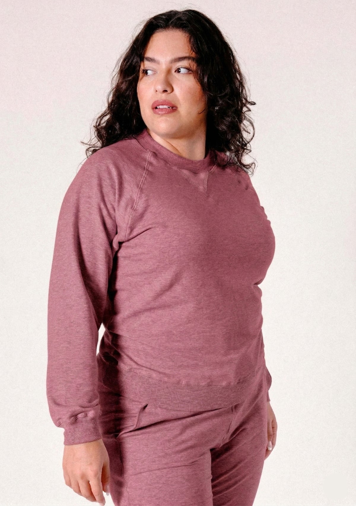 Women's Organic Cotton + Tencel Sweatshirt in color Mauve Pink Burtn Rose offered in sizes XS-3X
