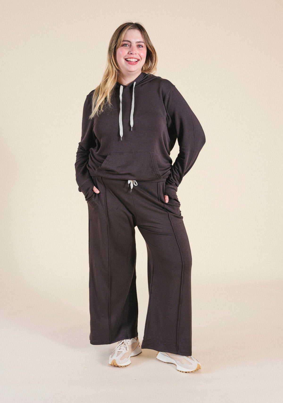 Plus size women's modal wideleg joggers in color Dark Chocolate sizes 1X-3X