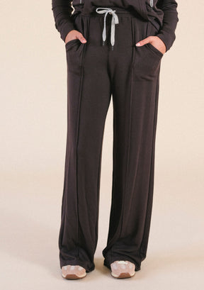 Women's modal wideleg jogger pants with pockets and drawstring in dark brown sizes XS-3X. Eco-friendly made in America.