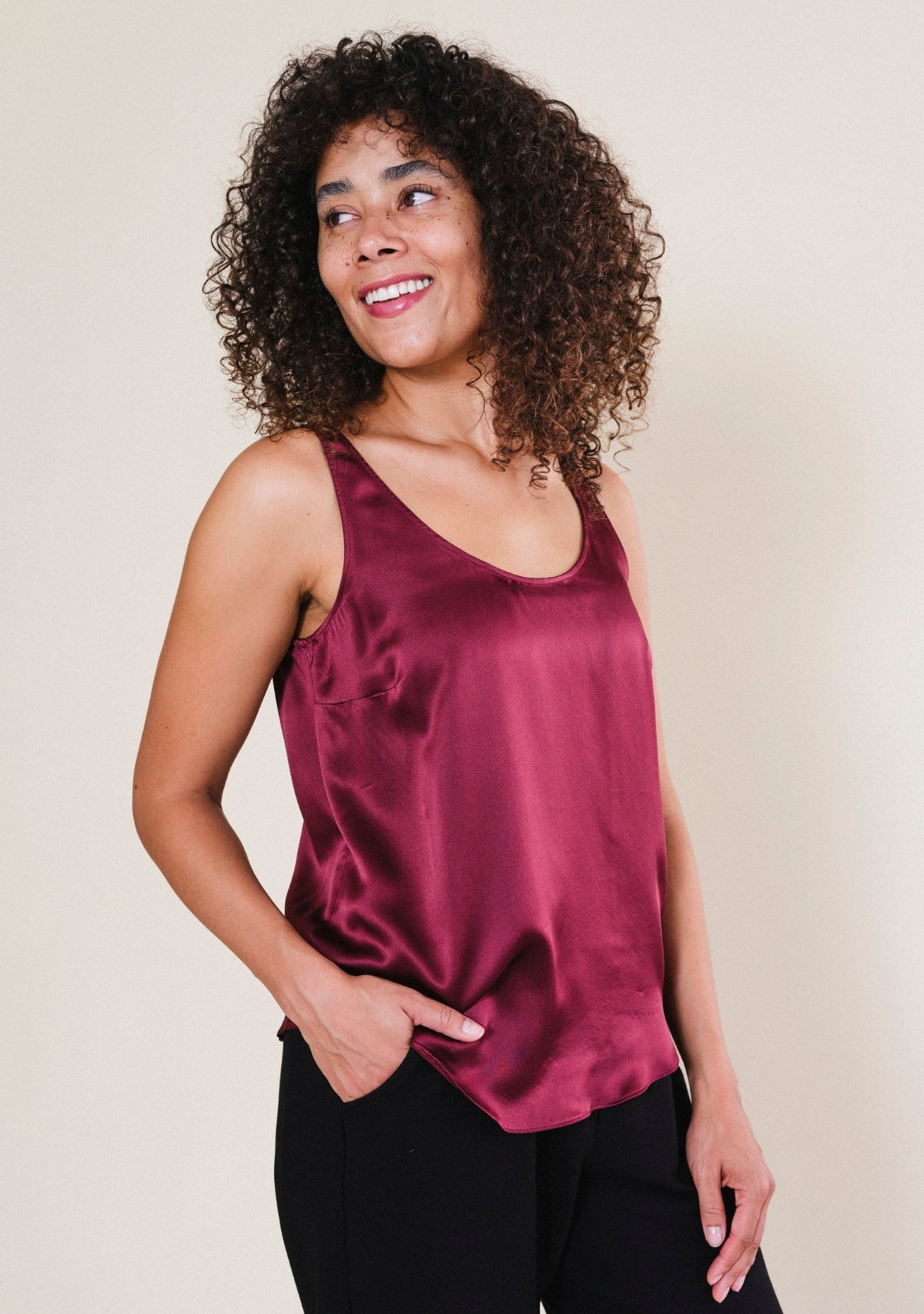 Poplinen Isa silk tank top in Port made from luxurious 18-momme silk with an elegant drape