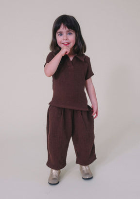 Summer Organic Cotton Gauze Toddler Matching Set in Black, Brown, and Natural. Sustainable clothes for toddlers