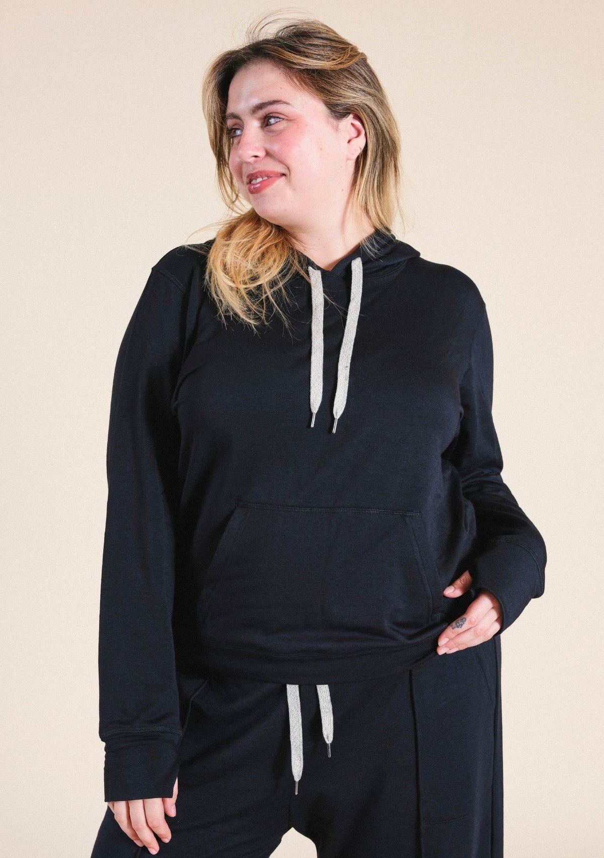 Women's Modal Black Hoodie with drawstrings sizes XS-3X eco-friendly made in the USA