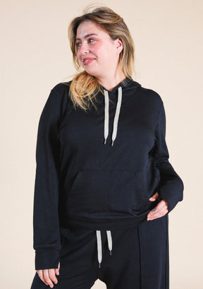 Women's Modal Black Hoodie with drawstrings sizes XS-3X eco-friendly made in the USA