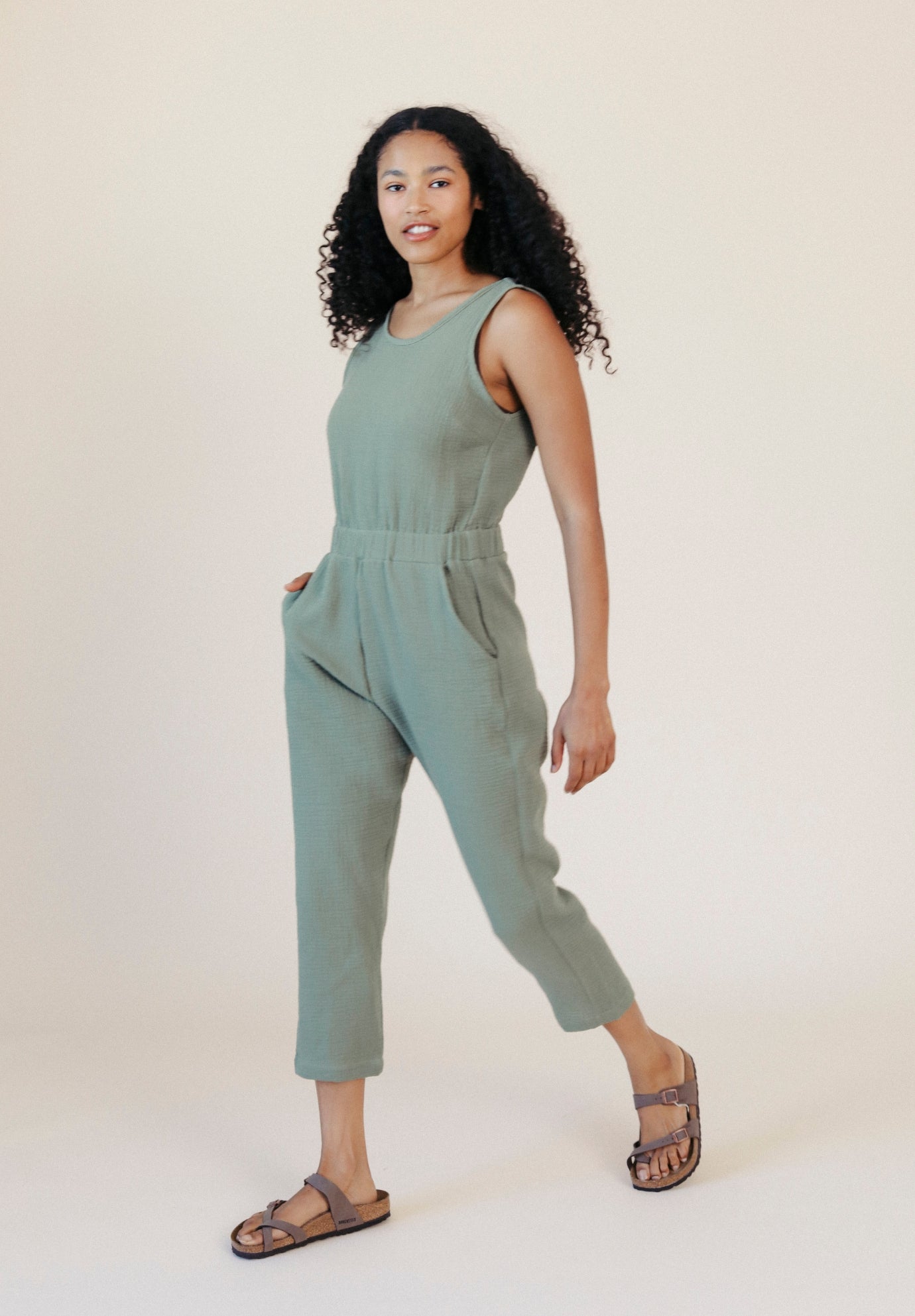 Women's Organic Cotton Gauze Jumpsuit Sage Green size XS-3X made in the USA