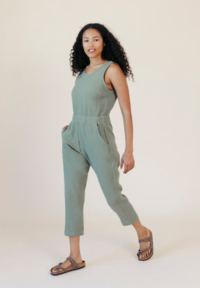 Women's Organic Cotton Gauze Jumpsuit Sage Green size XS-3X made in the USA