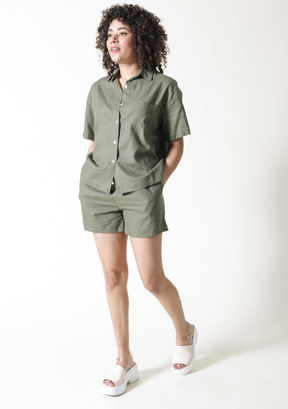 Women's button down linen short sleeve shirt color olive size-inclusive. Women's Linen Shirt and Shorts Sets