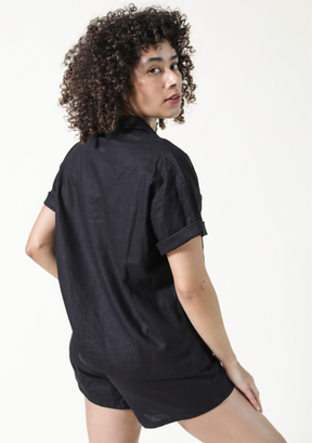 Women's Black Linen Short Sleeve Button Down Shirt Sizes XS-3X. Shirt and Shorts Linen Sets for Women