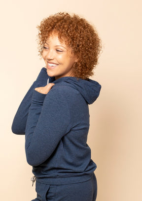 Women's Navy Hoodie Sweatshirt sustainable, extra soft, size inclusive, made in America.