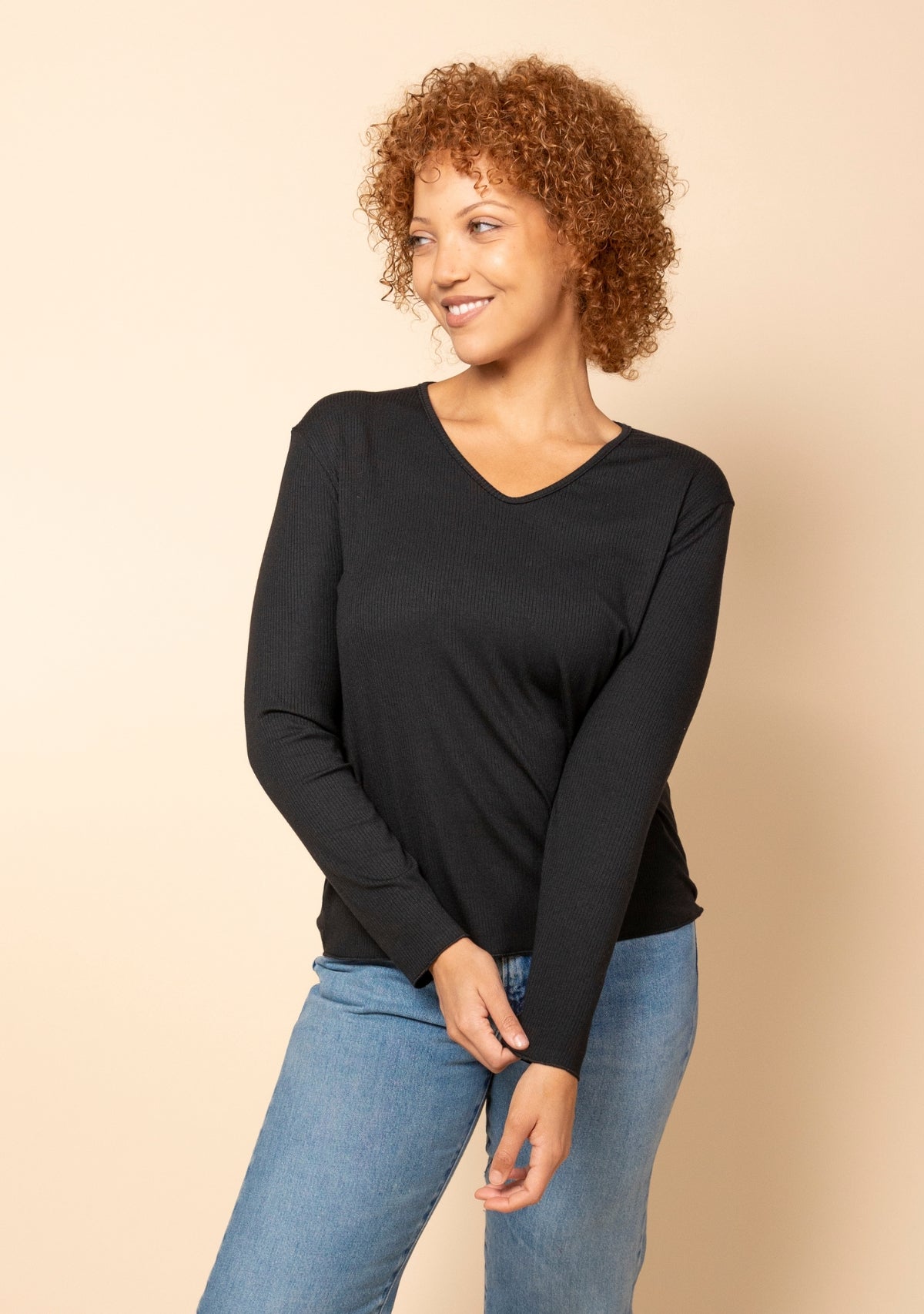 Hedy Modal Ribbed V Neck Long Sleeve Tee in Black, front view.