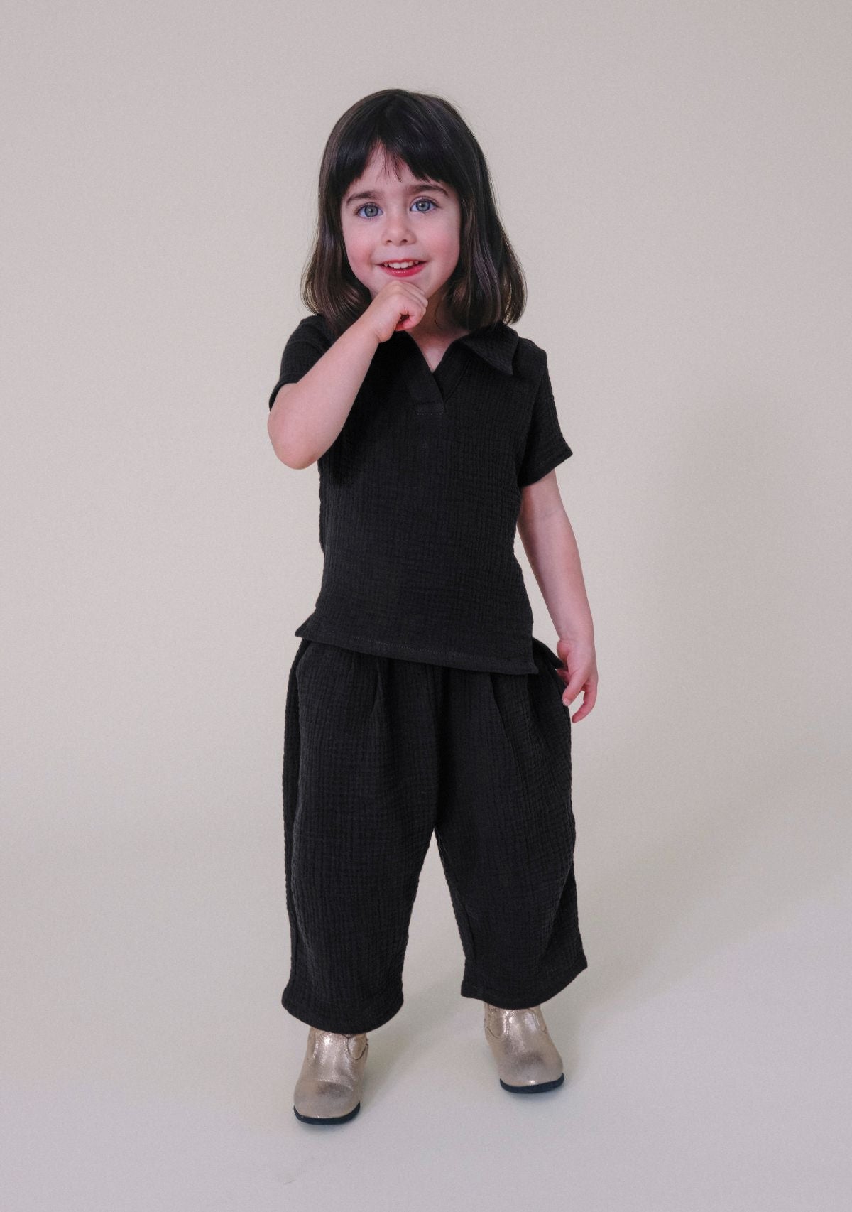 Black Organic Cotton Toddler Top and matching pant made ethically in Los Angeles, California. Sustainable Matching Toddler Sets