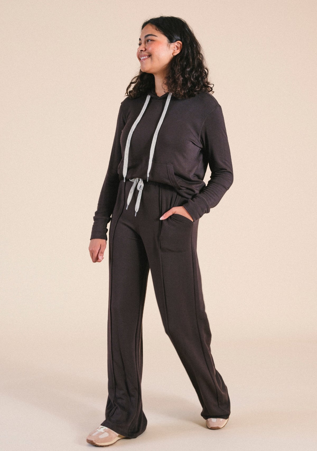Women's modal wideleg jogger pants with pockets and drawstring in dark brown sizes XS-3X. Eco-friendly made in America.