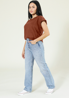 Women's Hemp Tee in the rich color Pecan is made from a blend of Hemp and Organic Cotton Jersey sizex XS-3X Made in America Sustainable Women's Tee