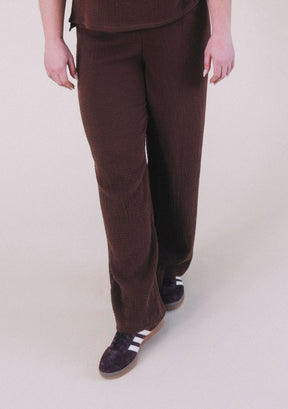 Poplinen x Simone Organic Cotton Gauze Long Wide Leg Pant in color chicory coffee. women's sizes XS-3X