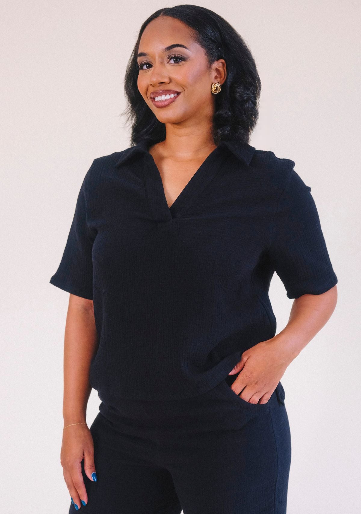 Poplinen x Simone Women's Organic Cotton Gauze Summer Shirt color Black sizes XS-3X made ethically in California