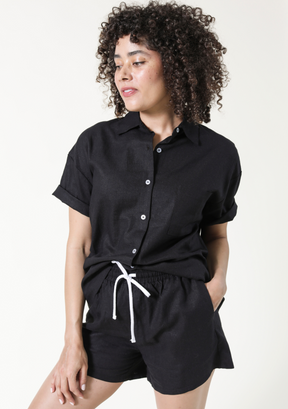 Women's Black Linen Short Sleeve Button Down Shirt Sizes XS-3X. Shirt and Shorts Linen Sets for Women