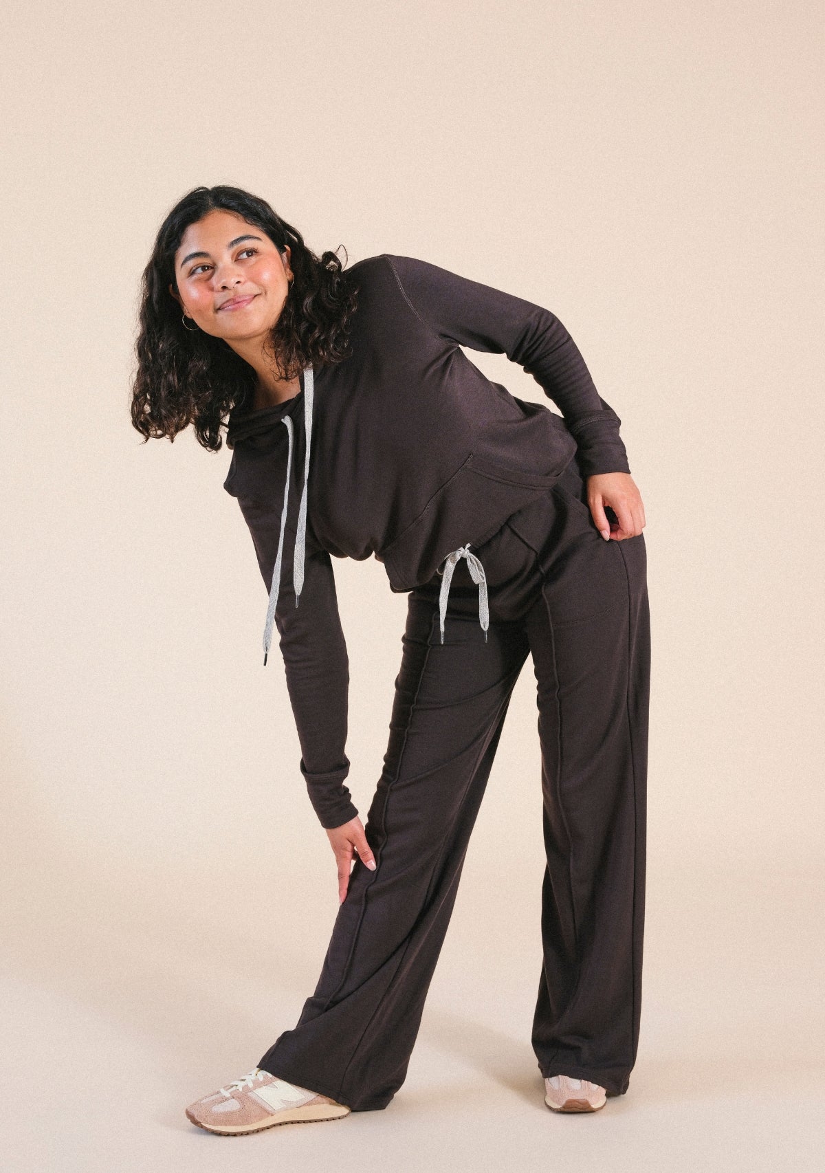 Women's modal wideleg jogger pants with pockets and drawstring in dark brown sizes XS-3X. Eco-friendly made in America.
