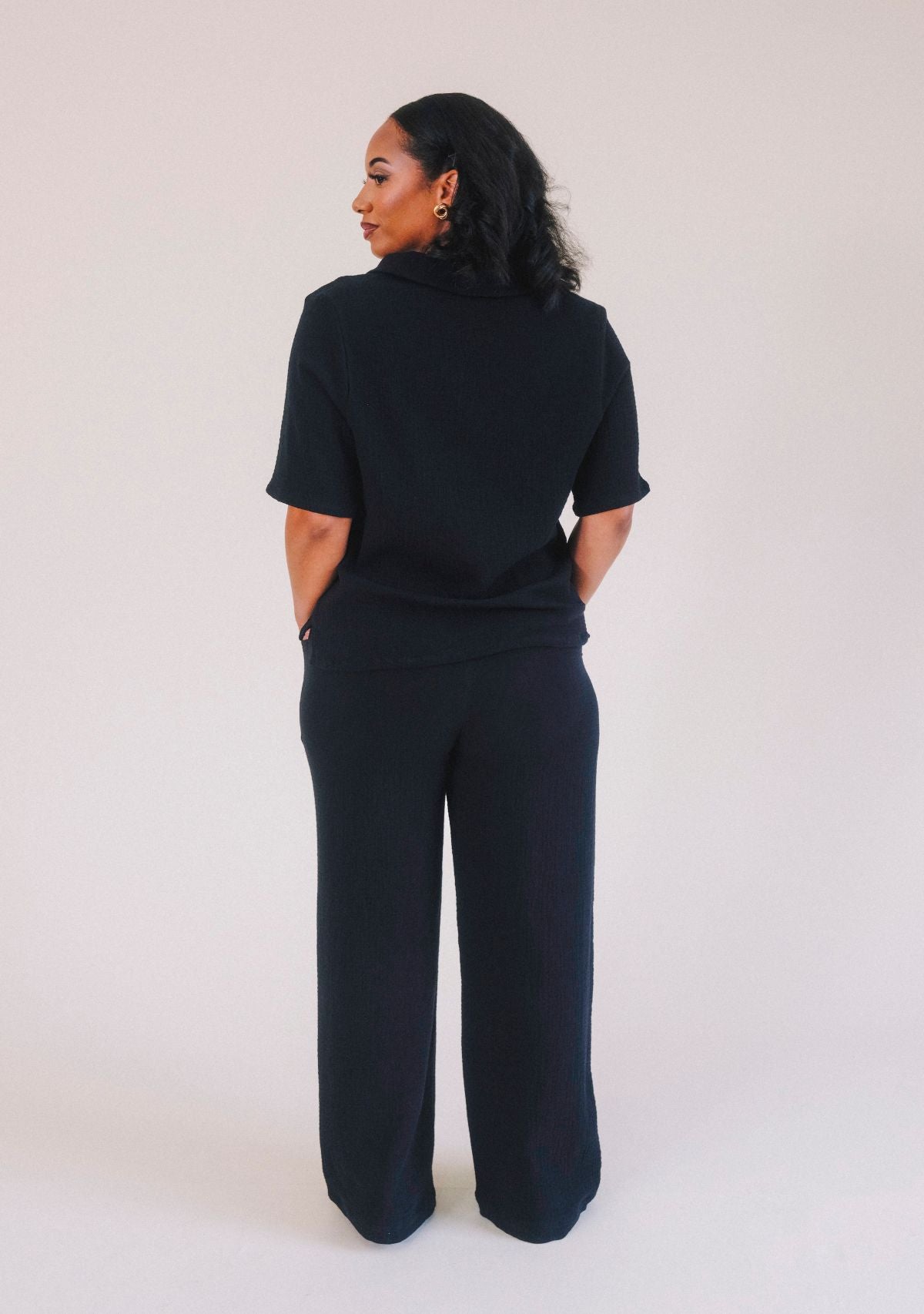 Poplinen x Simone Organic Cotton Gauze Long Wide Leg Pant in color black women's sizes XS-3X