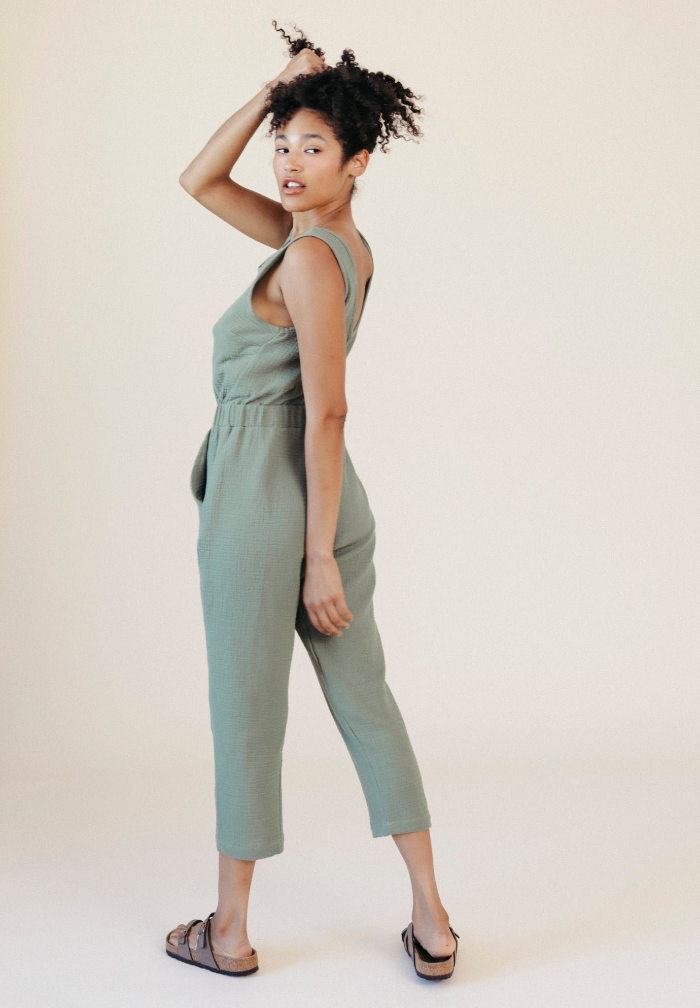 Women's Organic Cotton Gauze Jumpsuit Sage Green size XS-3X made in the USA