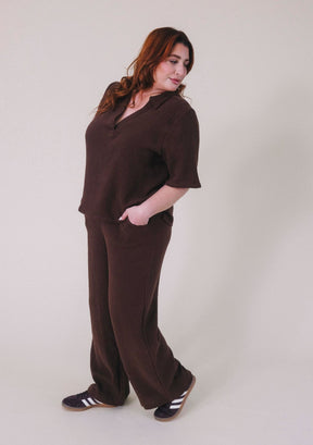 Poplinen x Simone Organic Cotton Gauze Long Wide Leg Pant in color chicory coffee. women's sizes XS-3X