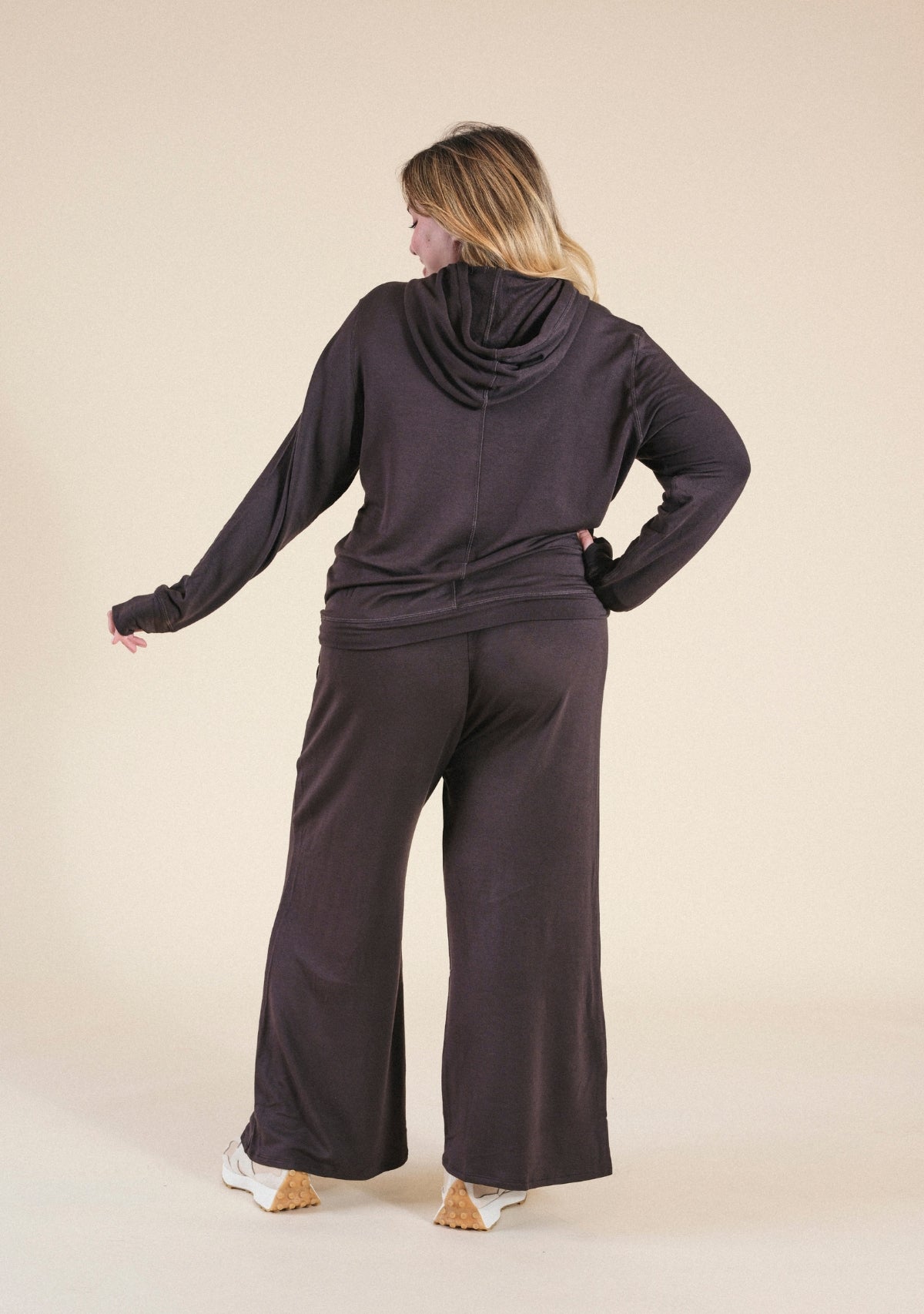 Plus size women's modal wideleg joggers in color Dark Chocolate sizes 1X-3X