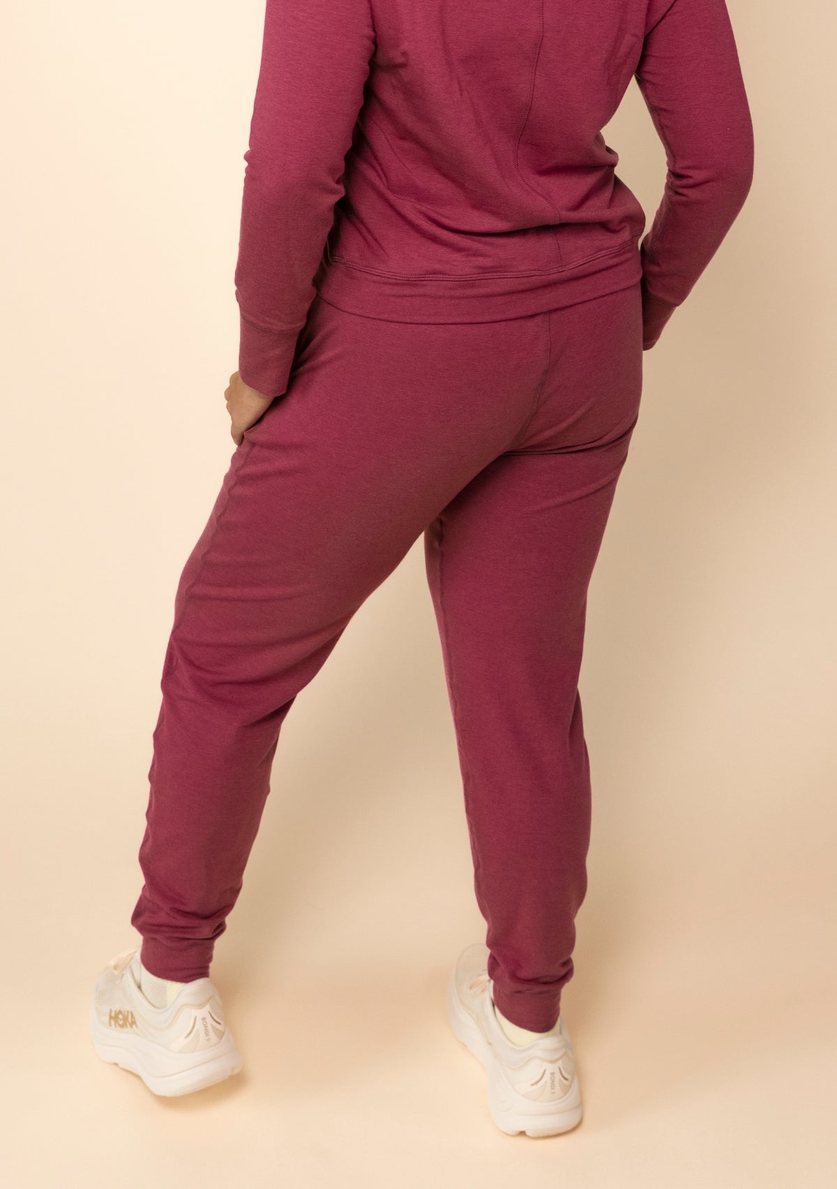 Burnt Rose Cozy Cuffed Joggers for women sizes XS-3X made in America from organic cotton french terry and tencel. 