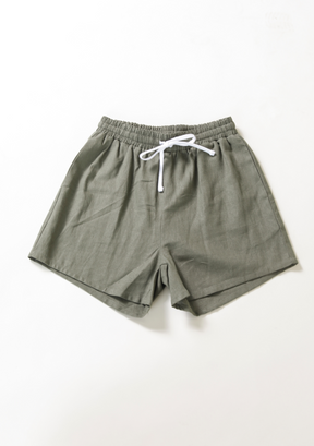 Women's cinched linen shorts with drawstring sizes XS-3X. Women's Linen Shirt and Shorts Set color black and olive