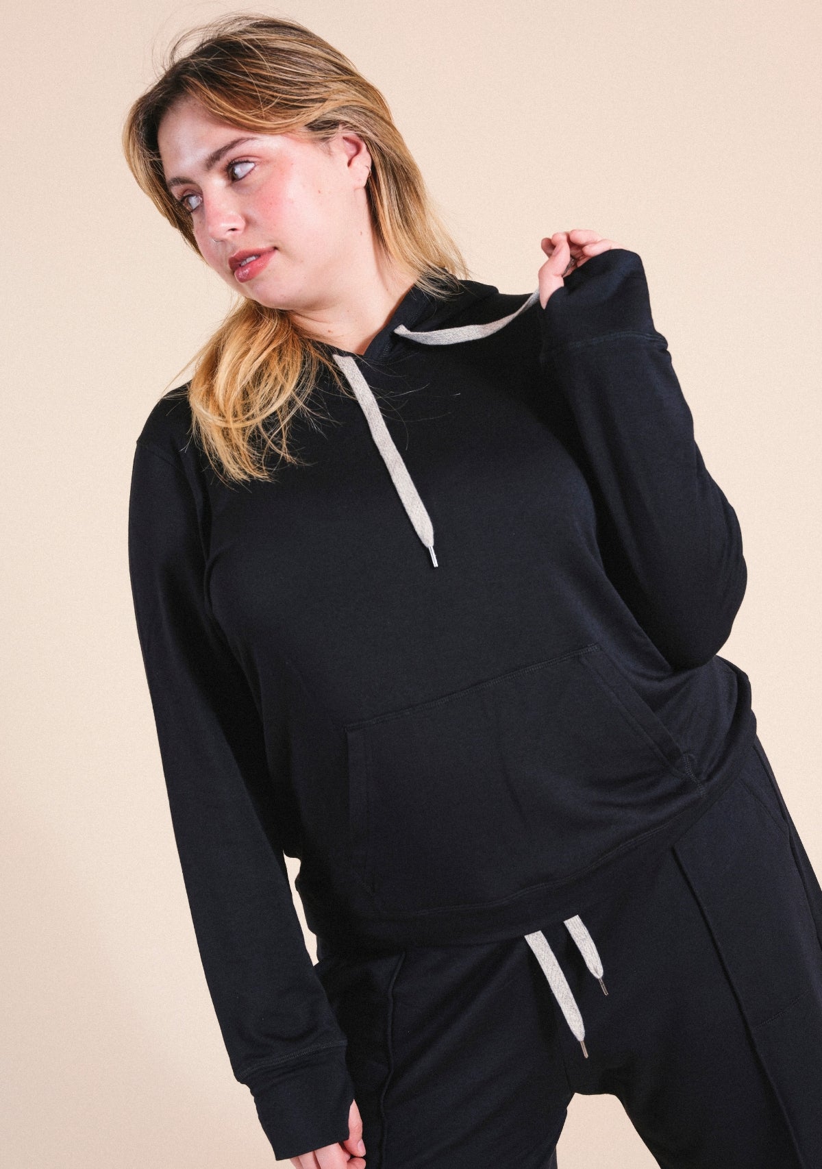 Women's Modal Black Hoodie with drawstrings sizes XS-3X eco-friendly made in the USA