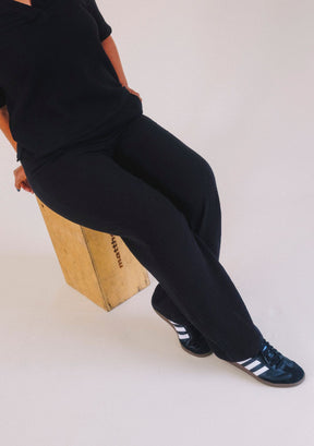 Poplinen x Simone Organic Cotton Gauze Long Wide Leg Pant in color black women's sizes XS-3X