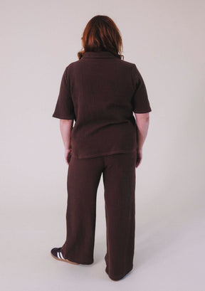 Poplinen x Simone Organic Cotton Gauze Long Wide Leg Pant in color chicory coffee. women's sizes XS-3X