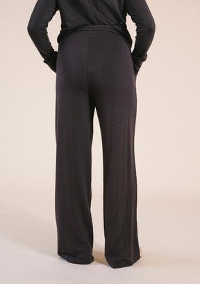Women's modal wideleg jogger pants with pockets and drawstring in dark brown sizes XS-3X. Eco-friendly made in America.