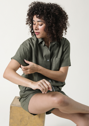 Women's button down linen short sleeve shirt color olive size-inclusive. Women's Linen Shirt and Shorts Sets