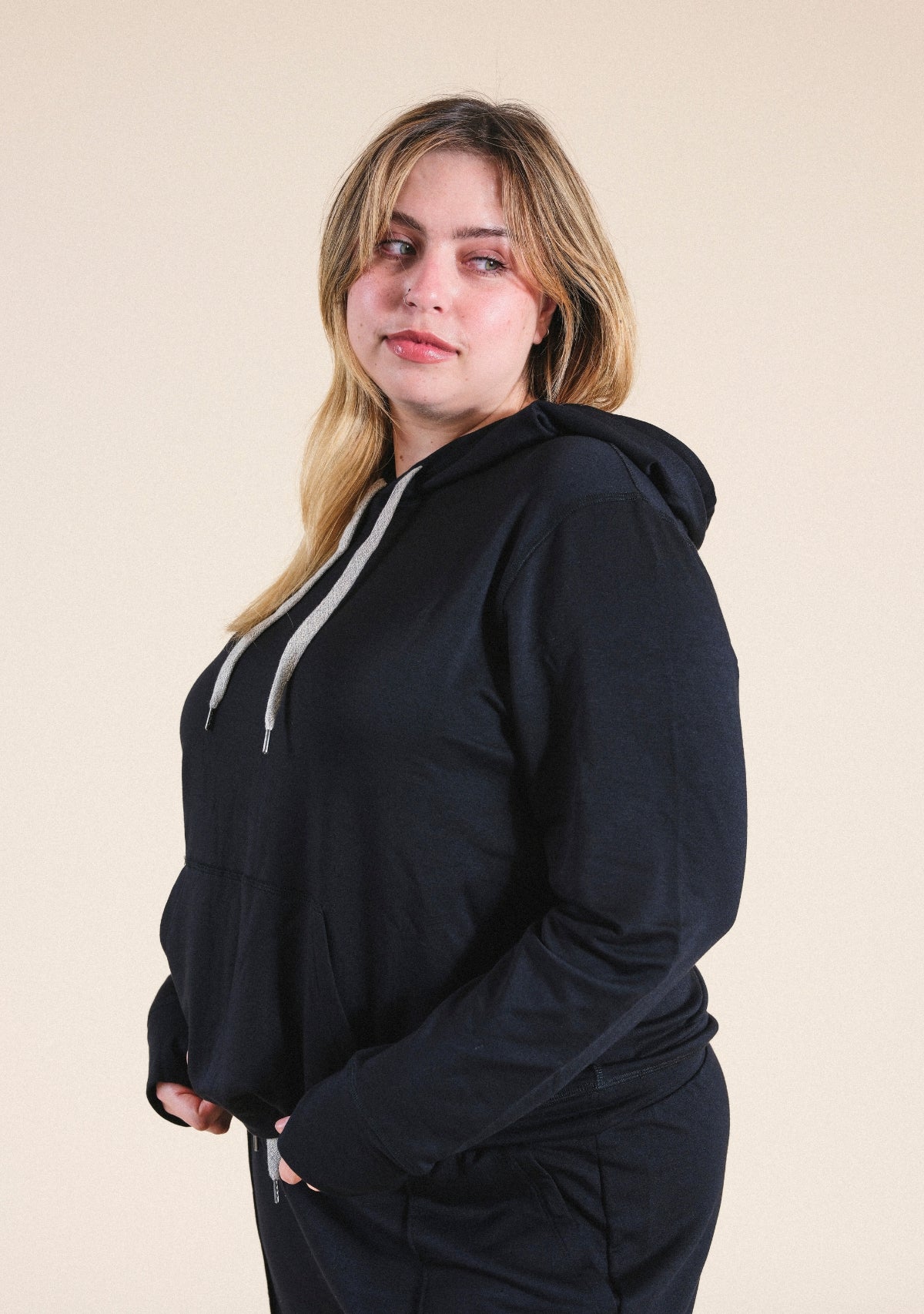 Women's Modal Black Hoodie with drawstrings sizes XS-3X eco-friendly made in the USA