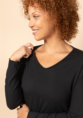 Hedy Modal Ribbed V Neck Long Sleeve Tee in Black, close up view.