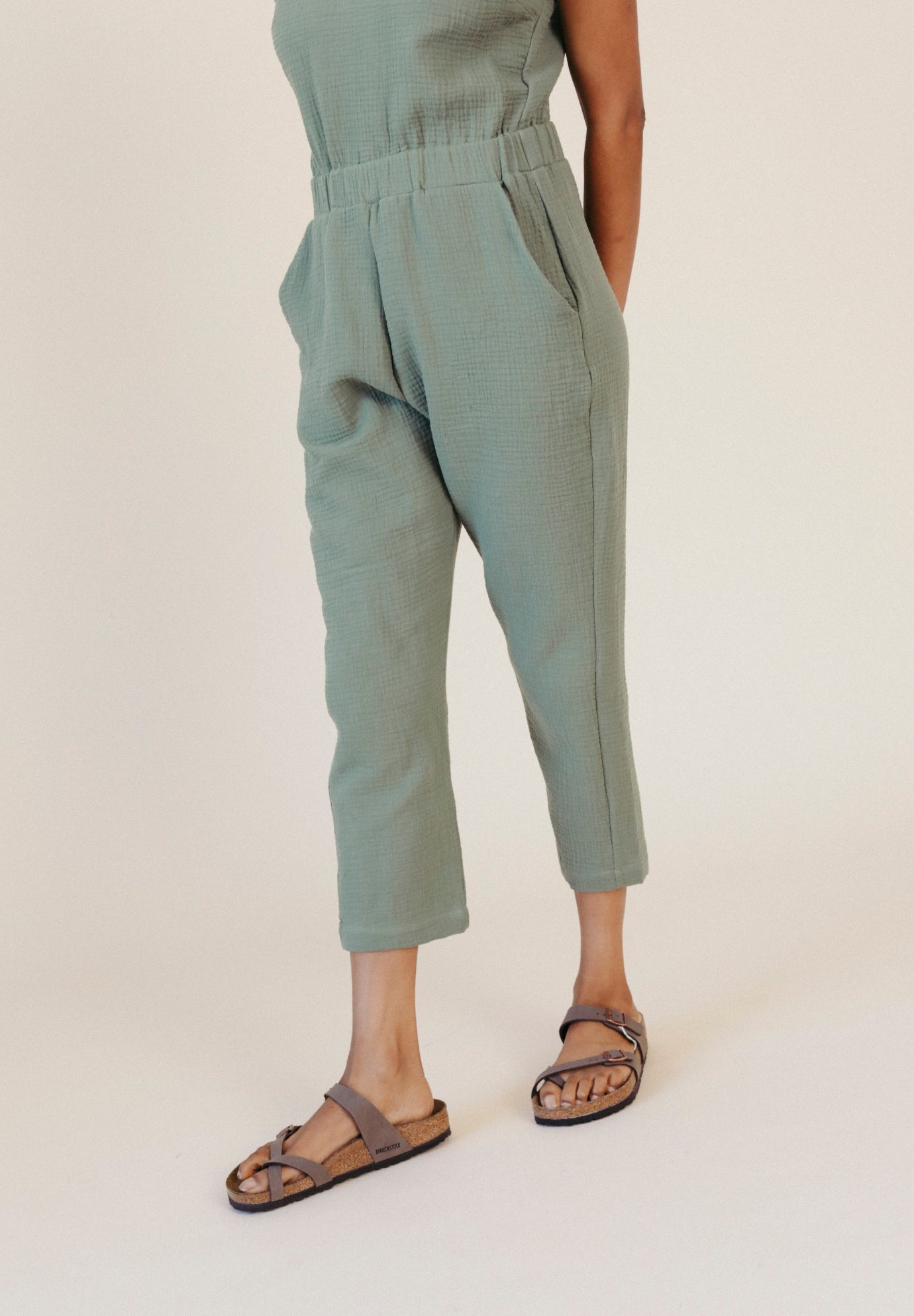 Women's Organic Cotton Gauze Jumpsuit Sage Green size XS-3X made in the USA