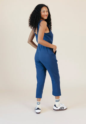 Women's Organic Cotton Double Gauze Jumpsuit color Navy sizes XS-3X made in the USA