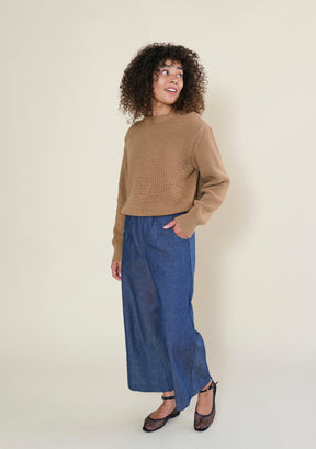 Women's blue deadstock denim wide leg pants with cropped length and elastic waistband by Poplinen Small Medium Large