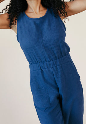 Women's Organic Cotton Double Gauze Jumpsuit color Navy sizes XS-3X made in the USA