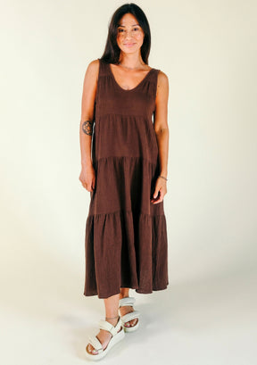Teresa Tiered Tank Dress in Brown, made from premium Organic Cotton Double Gauze and sewn in Los Angeles, California sizes XS-3X 