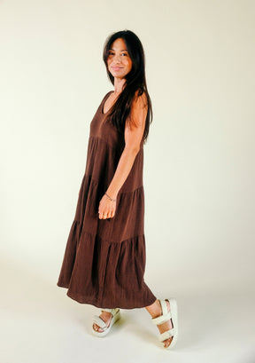 Teresa Tiered Tank Dress in Brown, made from premium Organic Cotton Double Gauze and sewn in Los Angeles, California sizes XS-3X 