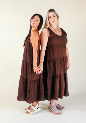 Teresa Tiered Tank Dress in Brown, made from premium Organic Cotton Double Gauze and sewn in Los Angeles, California sizes XS-3X 