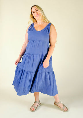 Teresa Tiered Tank Dress in Color Blue sizes XS-3X, made from premium Organic Cotton Double Gauze and sewn in Los Angeles, California